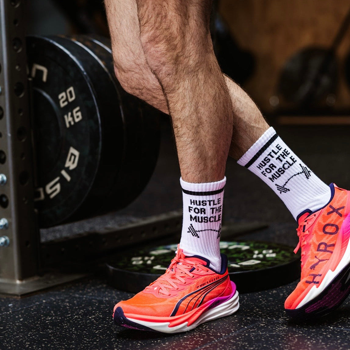 hustle for the muscle gym socks funny sovks hyrox crossfit Sox UK TM Fitness white socks