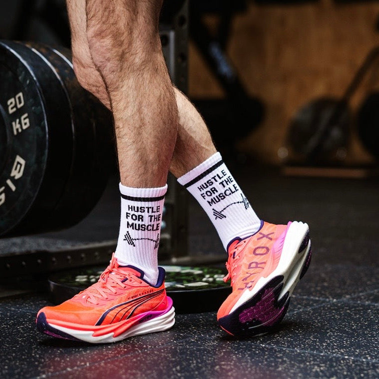 hustle for the muscle gym socks funny sovks hyrox crossfit Sox UK TM Fitness white socks